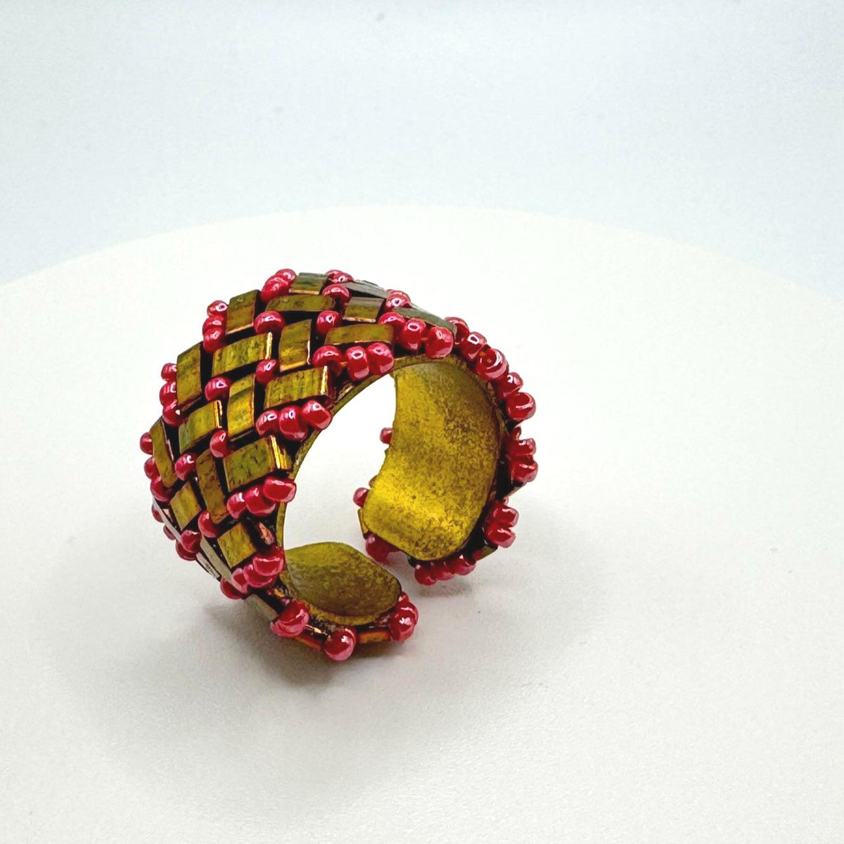 Red and Gold Tone Glass Bead Ring, Adjustable Brass Statement Band, 15 mm Wide