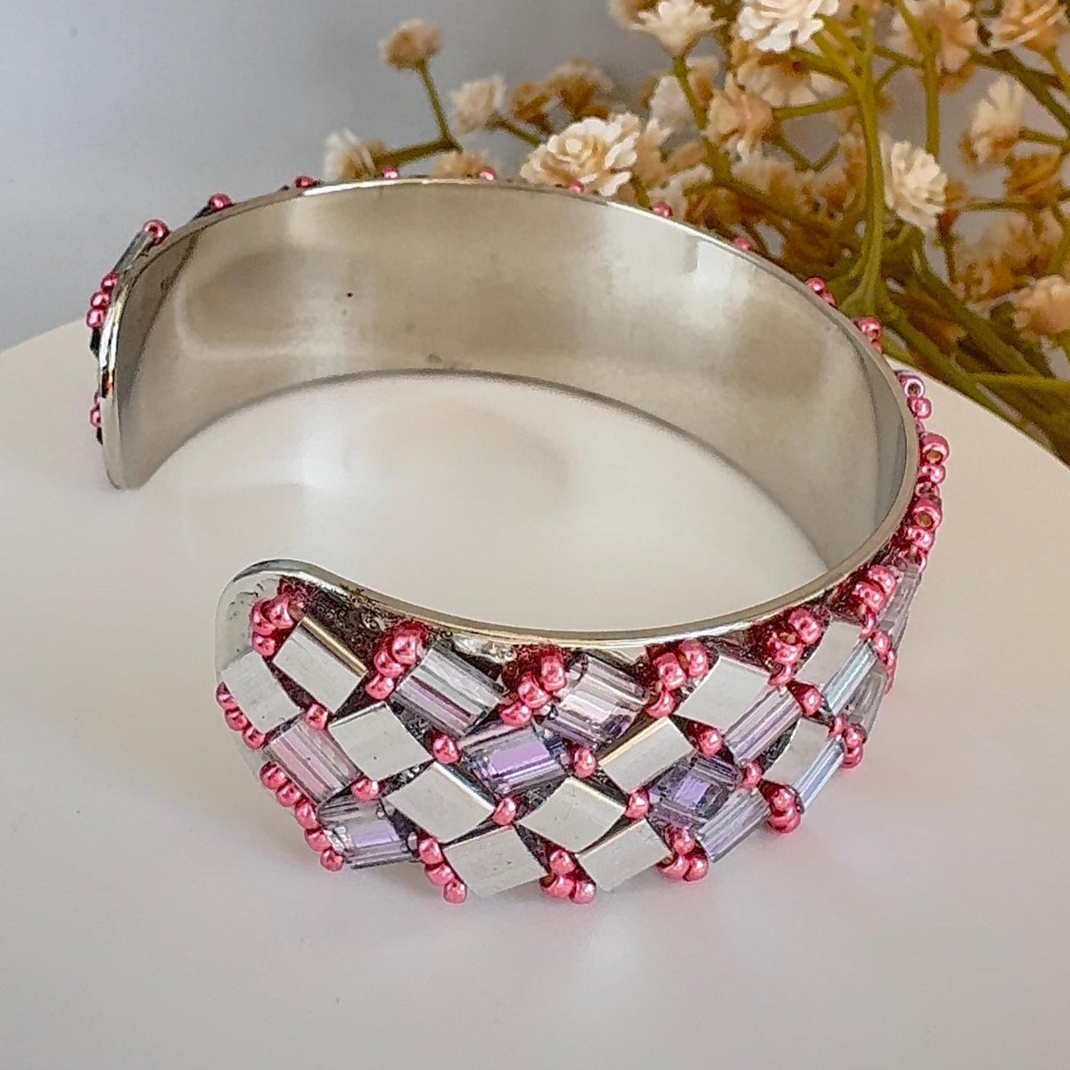 Silver and Pink Glass Bead Cuff Bracelet, Adjustable Stainless Steel, 2 cm Wide