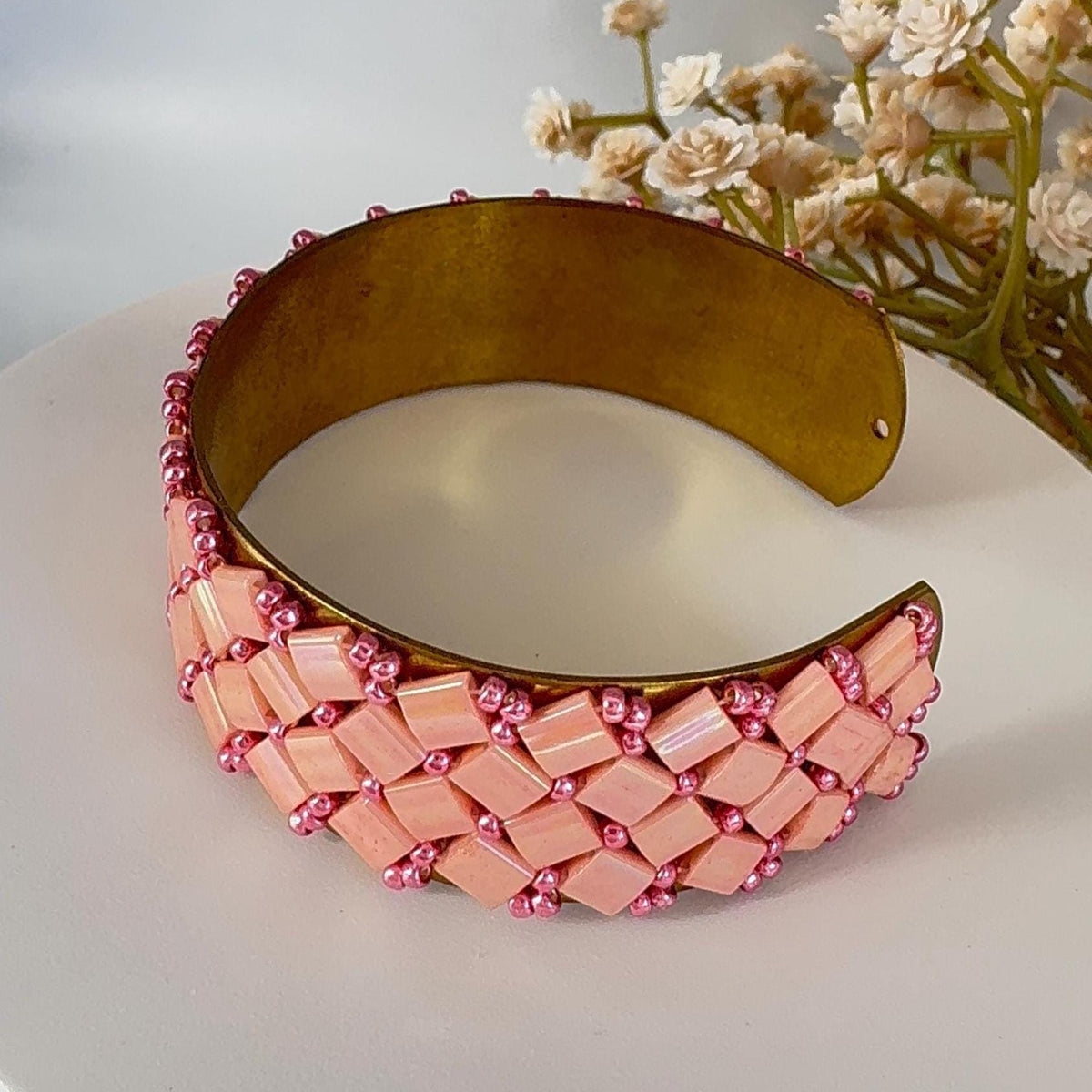 Pink Glass Bead Cuff Bracelet, Adjustable Brass, 2 cm Wide