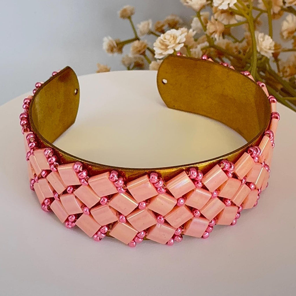 Pink Glass Bead Cuff Bracelet, Adjustable Brass, 2 cm Wide