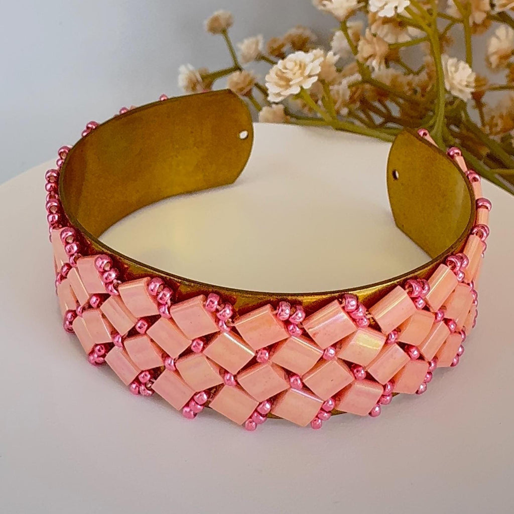 Pink Glass Bead Cuff Bracelet, Adjustable Brass, 2 cm Wide