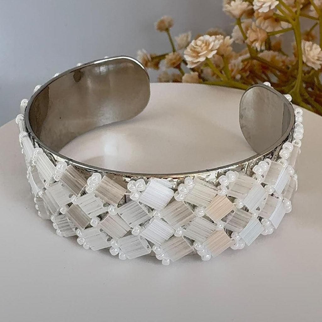 White Glass Bead Cuff Bracelet, Adjustable Stainless Steel, 2 cm Wide