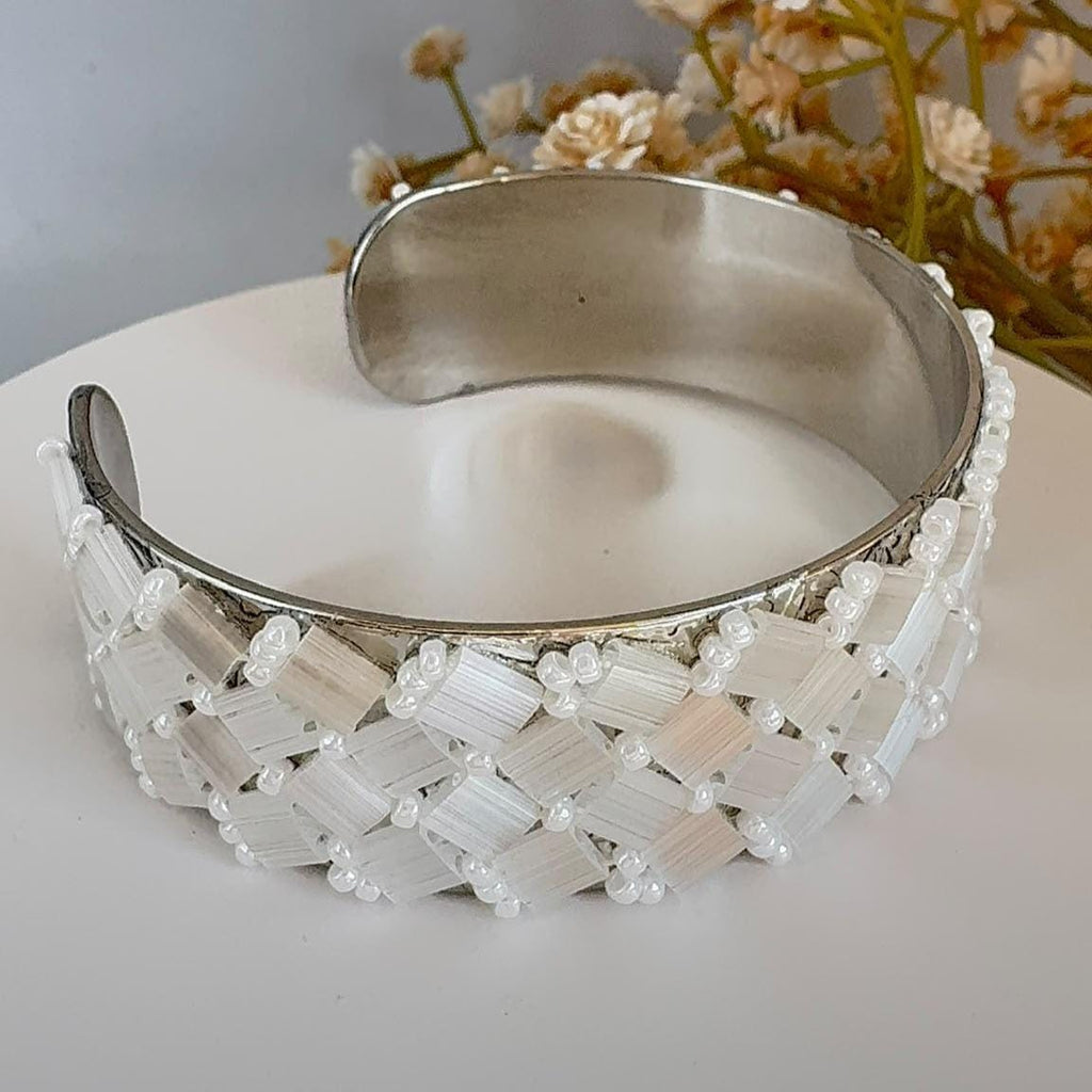 White Glass Bead Cuff Bracelet, Adjustable Stainless Steel, 2 cm Wide
