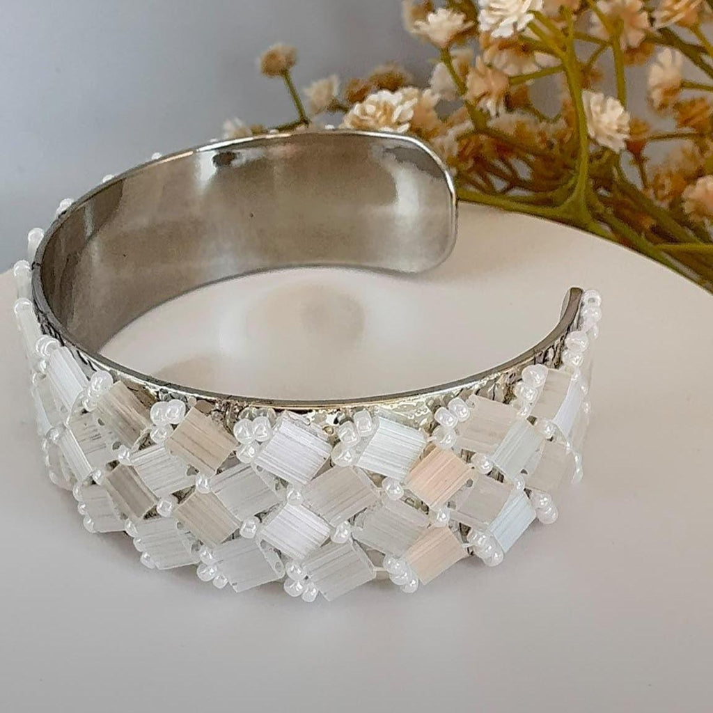 White Glass Bead Cuff Bracelet, Adjustable Stainless Steel, 2 cm Wide