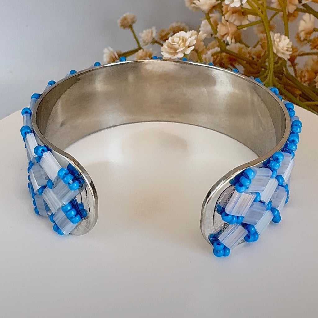 Blue Glass Bead Cuff Bracelet, Adjustable Stainless Steel, 2 cm Wide
