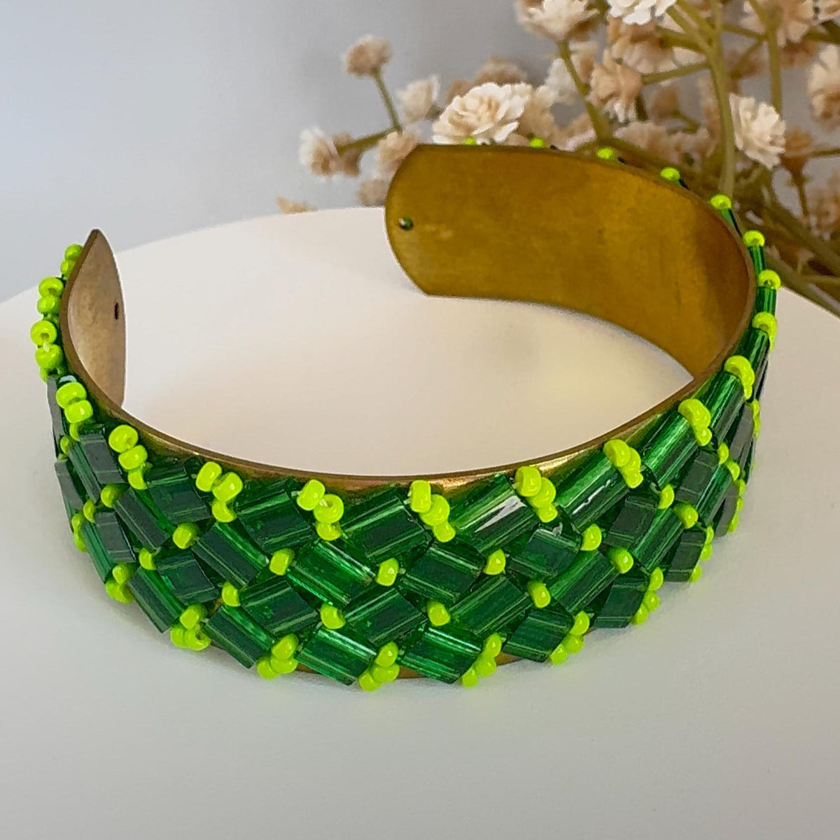 Emerald Green and Lime Glass Bead Cuff Bracelet, Adjustable Brass, 2 cm Wide