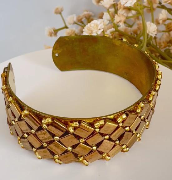 Bronze and Gold Tone Glass Bead Cuff Bracelet, Adjustable Brass, 2 cm Wide
