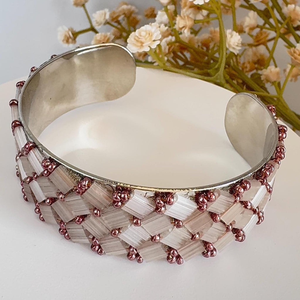 Blush Pink Glass Bead Cuff Bracelet, Adjustable Stainless Steel, 2 cm Wide