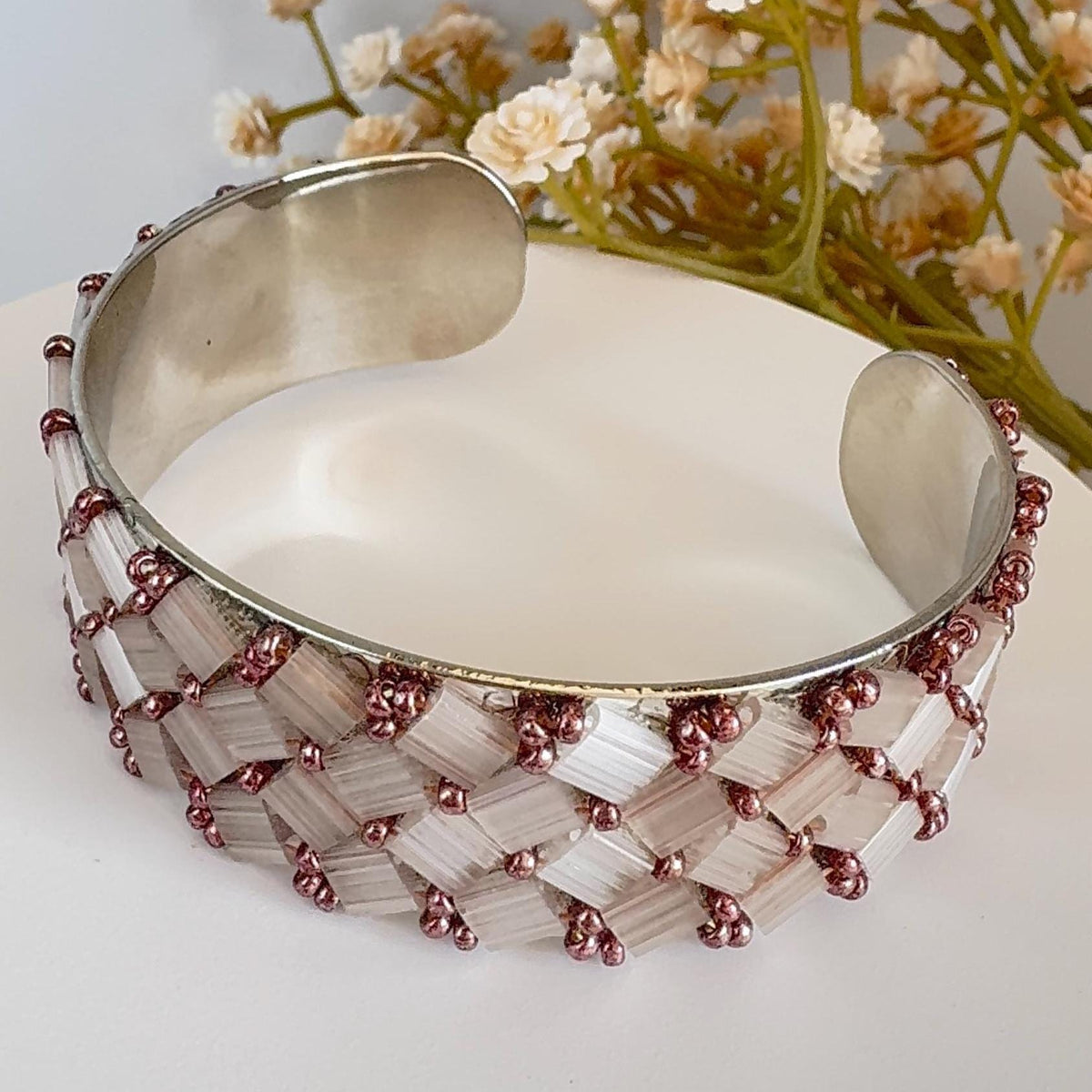 Blush Pink Glass Bead Cuff Bracelet, Adjustable Stainless Steel, 2 cm Wide