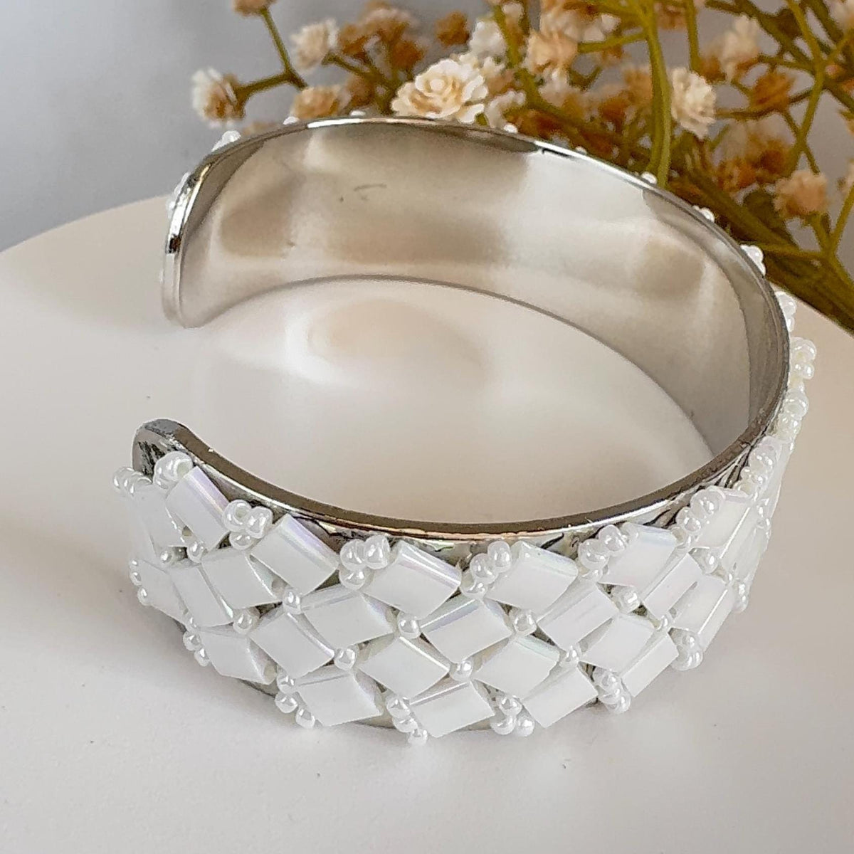 White Iridescent Glass Bead Cuff Bracelet, Adjustable Stainless Steel, 2 cm Wide