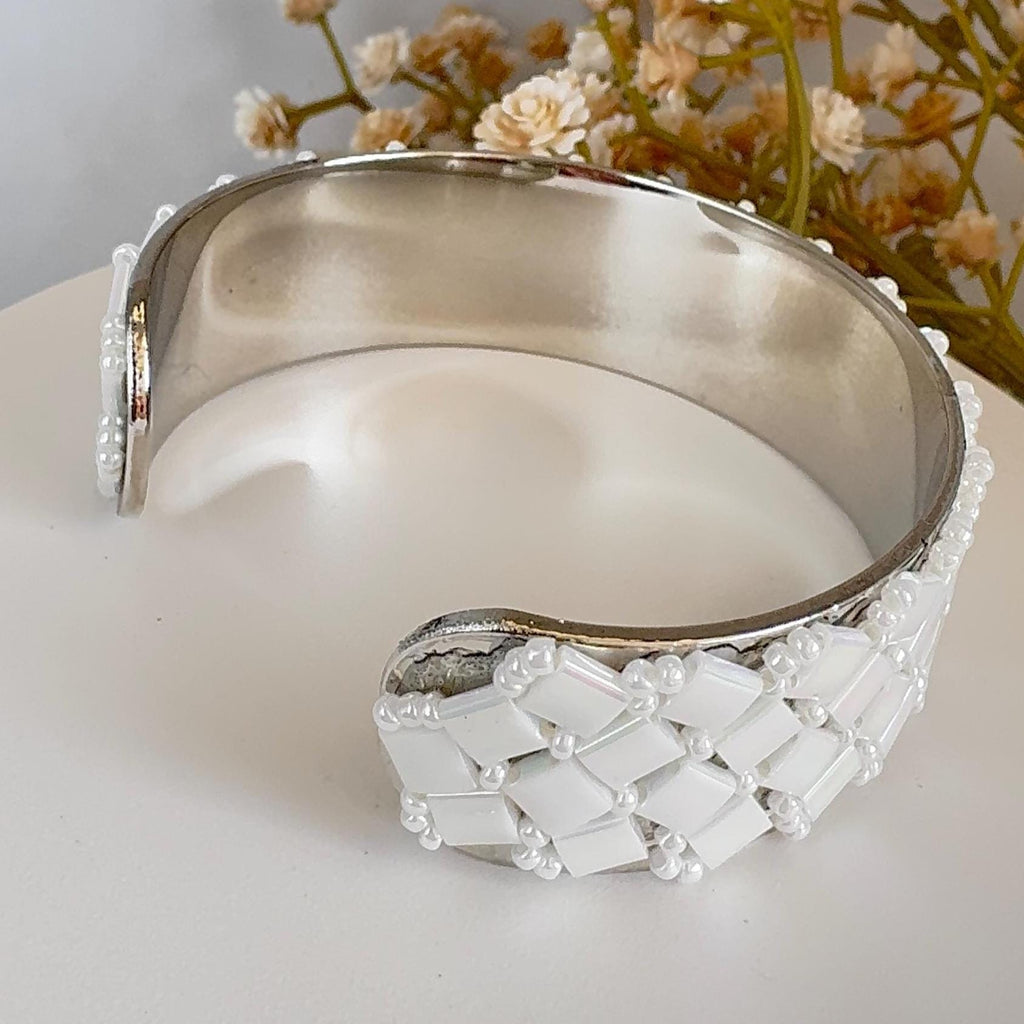 White Iridescent Glass Bead Cuff Bracelet, Adjustable Stainless Steel, 2 cm Wide
