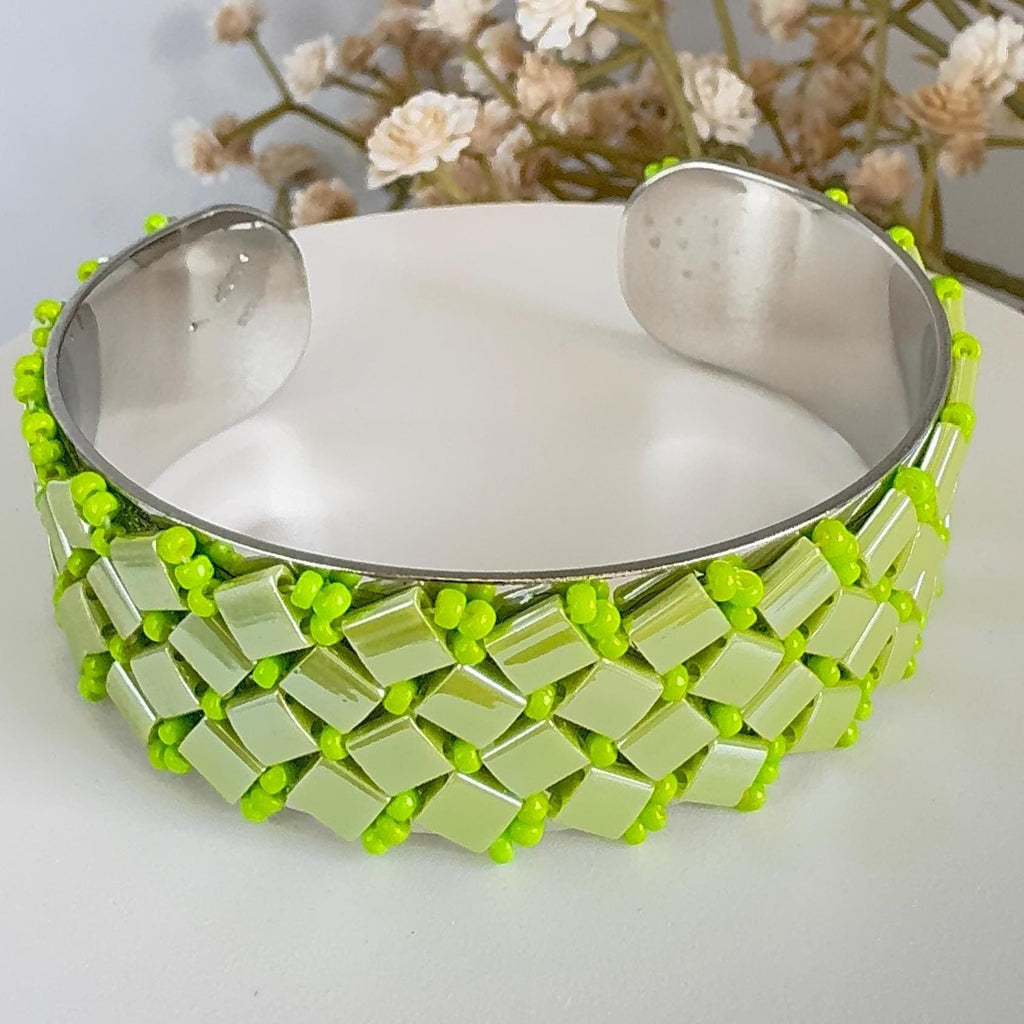 Lime Green Glass Bead Cuff Bracelet, Adjustable Stainless Steel, 2 cm Wide