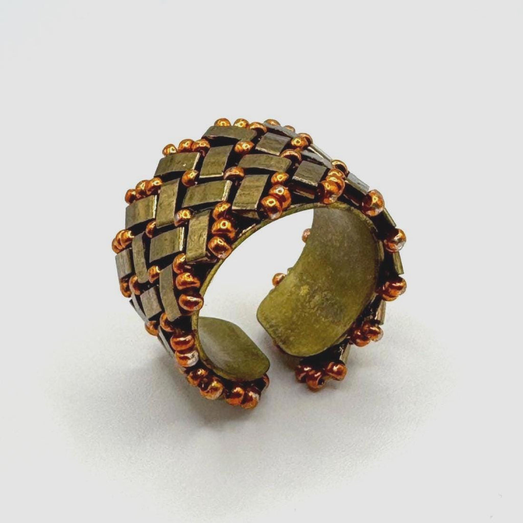 Bronze and Copper Tone Glass Bead Ring, Adjustable Brass Statement Ring, 15 mm Wide