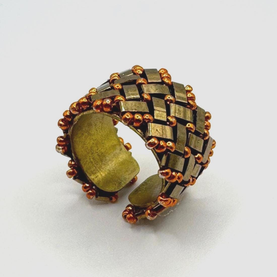 Bronze and Copper Tone Glass Bead Ring, Adjustable Brass Statement Ring, 15 mm Wide