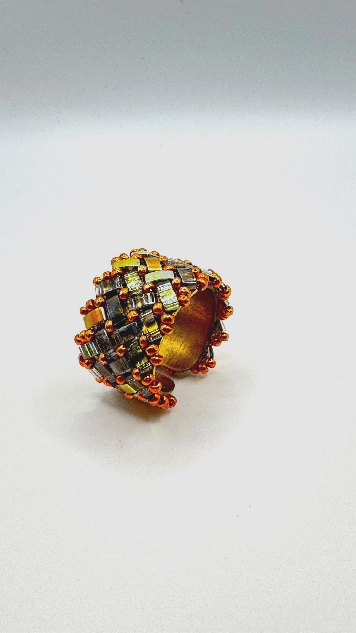 Gold and Copper Tone Glass Bead Ring, Adjustable Brass Statement Ring, 15 mm Wide
