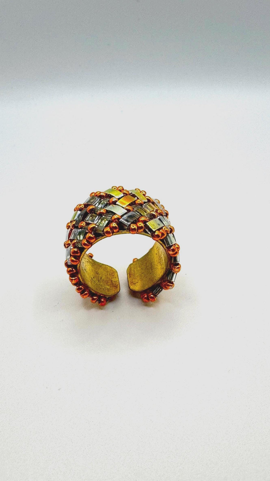 Gold and Copper Tone Glass Bead Ring, Adjustable Brass Statement Ring, 15 mm Wide