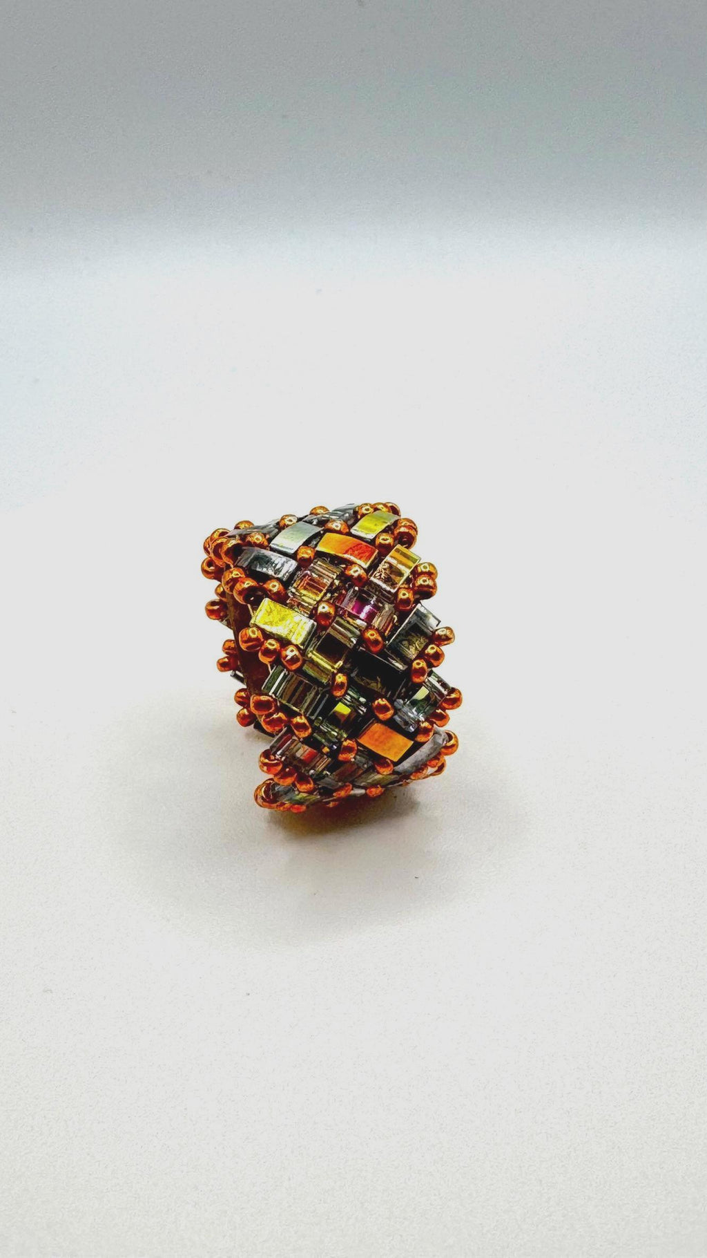 Gold and Copper Tone Glass Bead Ring, Adjustable Brass Statement Ring, 15 mm Wide