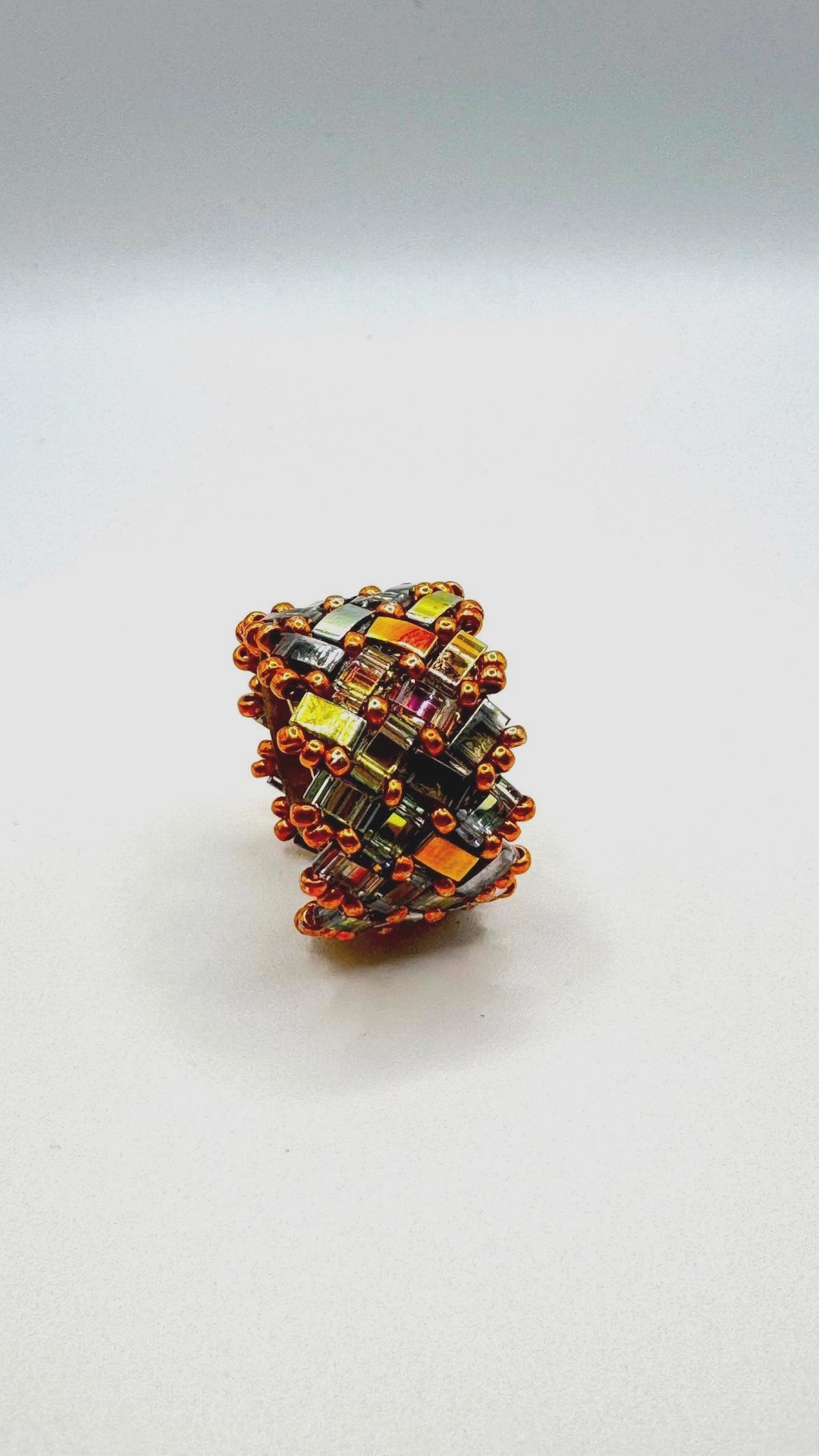 Gold and Copper Tone Glass Bead Ring, Adjustable Brass Statement Ring, 15 mm Wide
