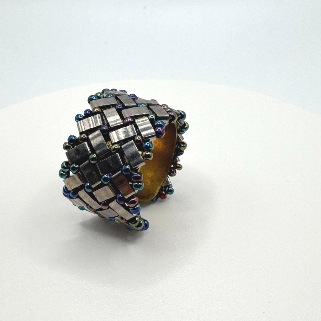 Silver Tone Glass Bead Ring, Iridescent Accents, Adjustable Brass Band, 15 mm Wide
