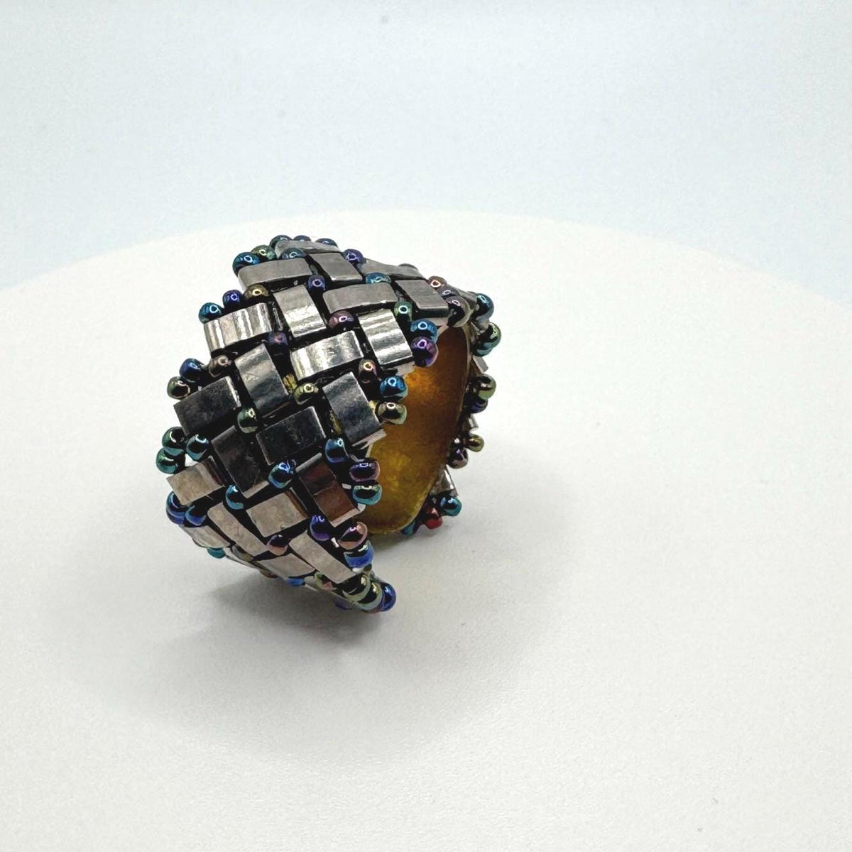 Silver Tone Glass Bead Ring, Iridescent Accents, Adjustable Brass Band, 15 mm Wide