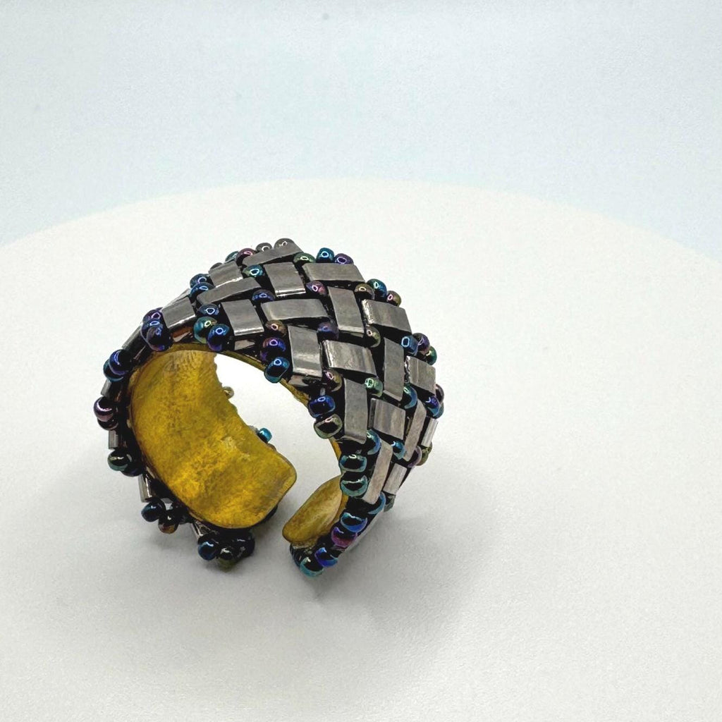 Silver Tone Glass Bead Ring, Iridescent Accents, Adjustable Brass Band, 15 mm Wide