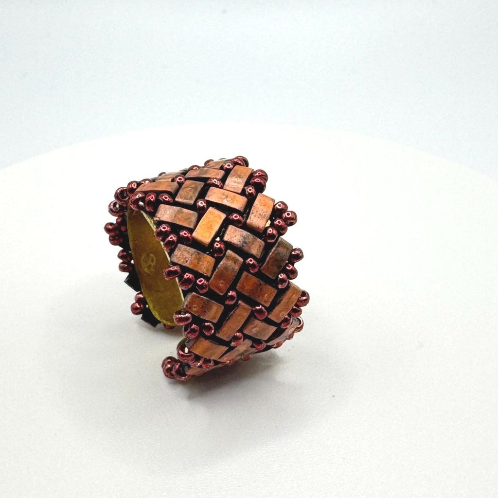 Copper Tone Glass Bead Ring, Adjustable Brass Statement Band, 15 mm Wide