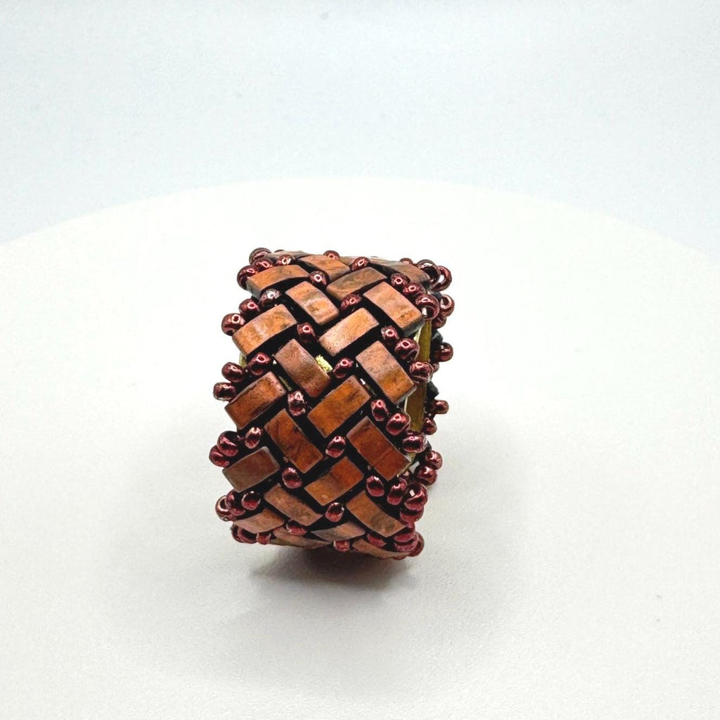 Copper Tone Glass Bead Ring, Adjustable Brass Statement Band, 15 mm Wide