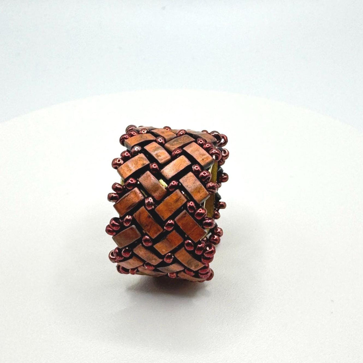 Copper Tone Glass Bead Ring, Adjustable Brass Statement Band, 15 mm Wide