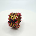 Red and Gold Tone Glass Bead Ring, Adjustable Brass Statement Band, 15 mm Wide