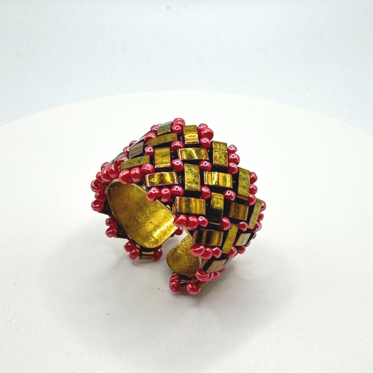Red and Gold Tone Glass Bead Ring, Adjustable Brass Statement Band, 15 mm Wide