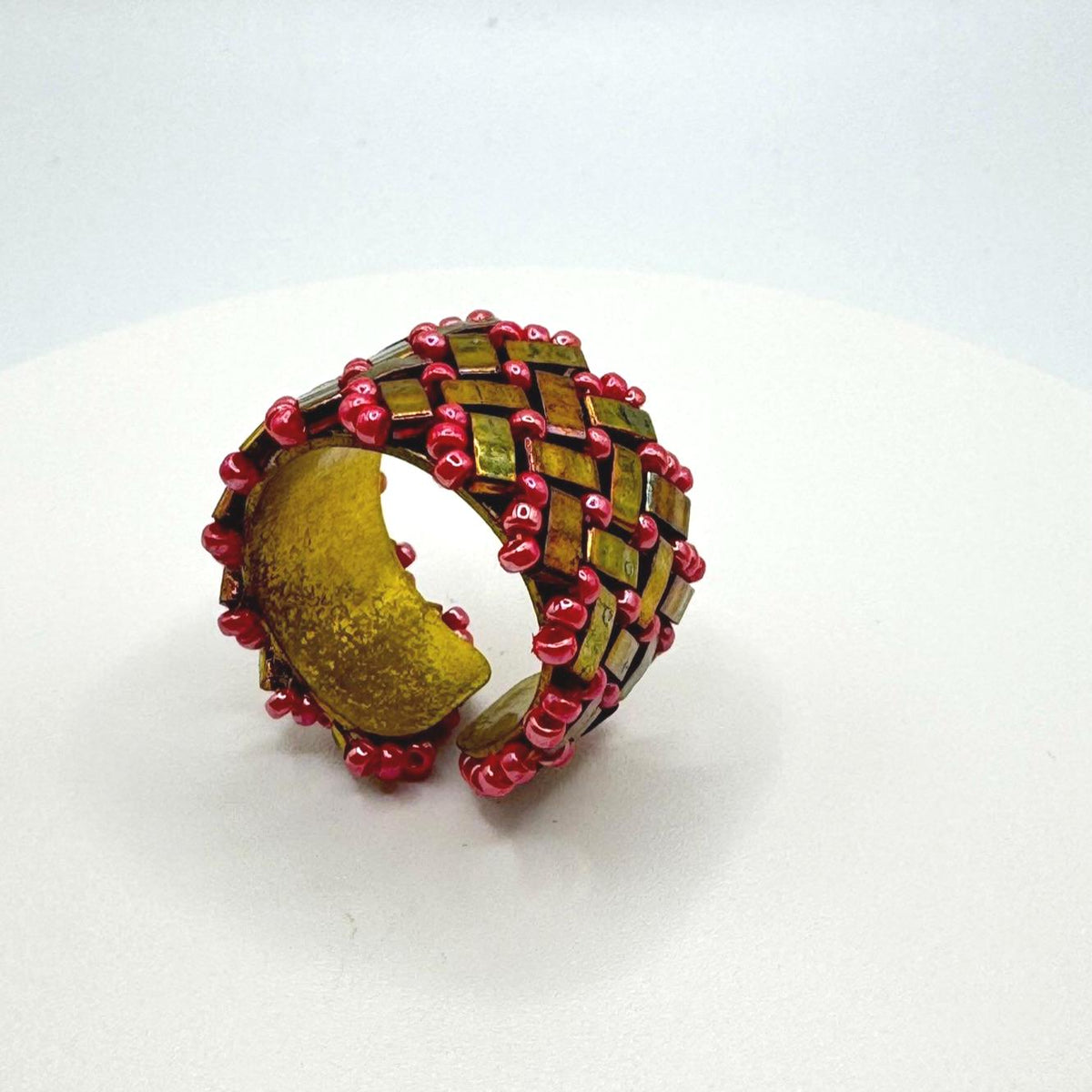 Red and Gold Tone Glass Bead Ring, Adjustable Brass Statement Band, 15 mm Wide