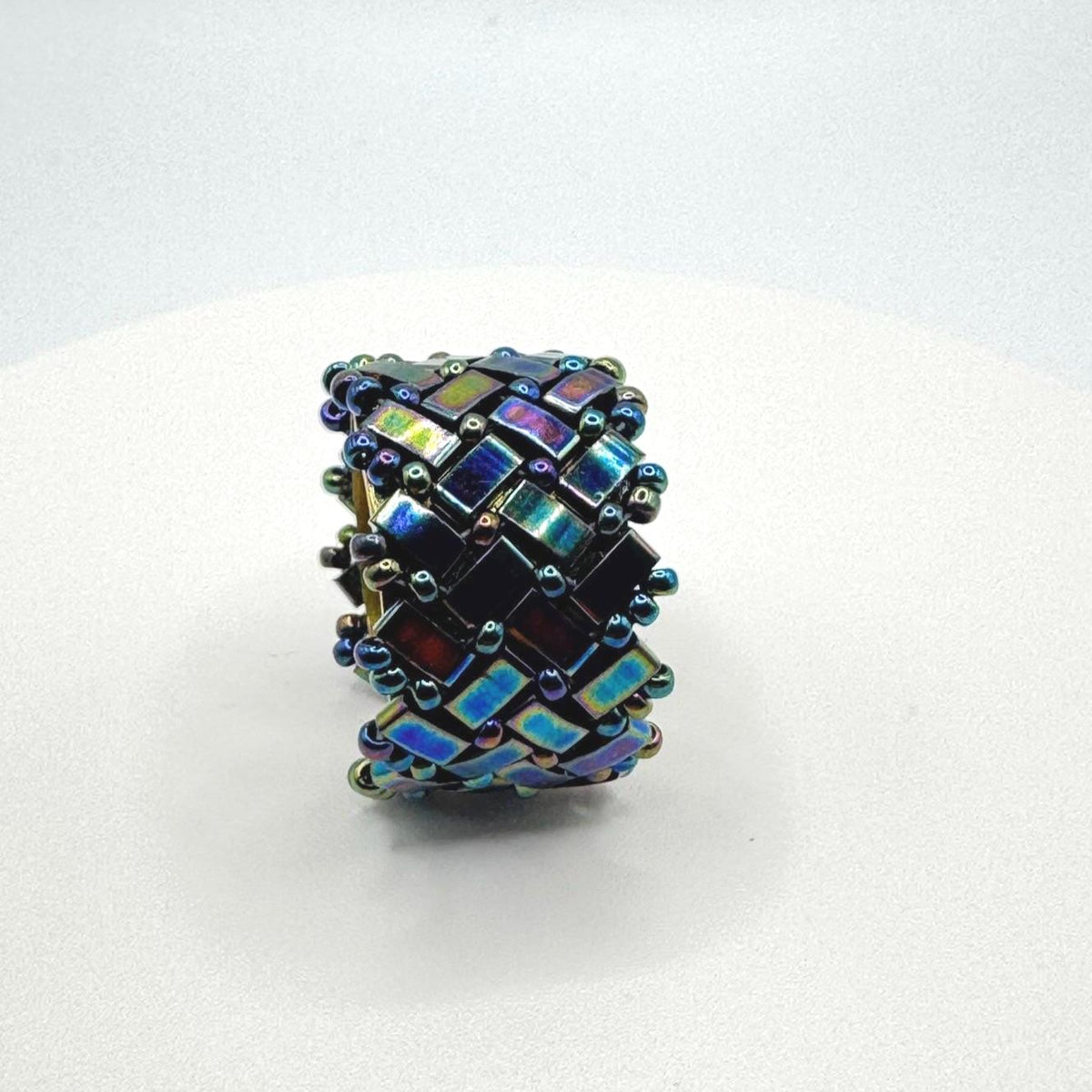 Iridescent Blue Glass Bead Ring, Adjustable Brass Statement Band, 15 mm Wide