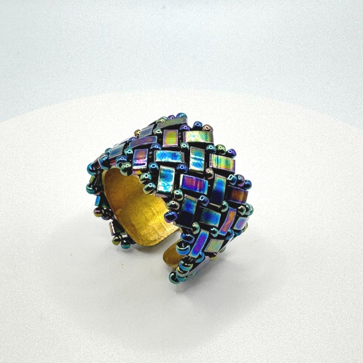 Iridescent Blue Glass Bead Ring, Adjustable Brass Statement Band, 15 mm Wide