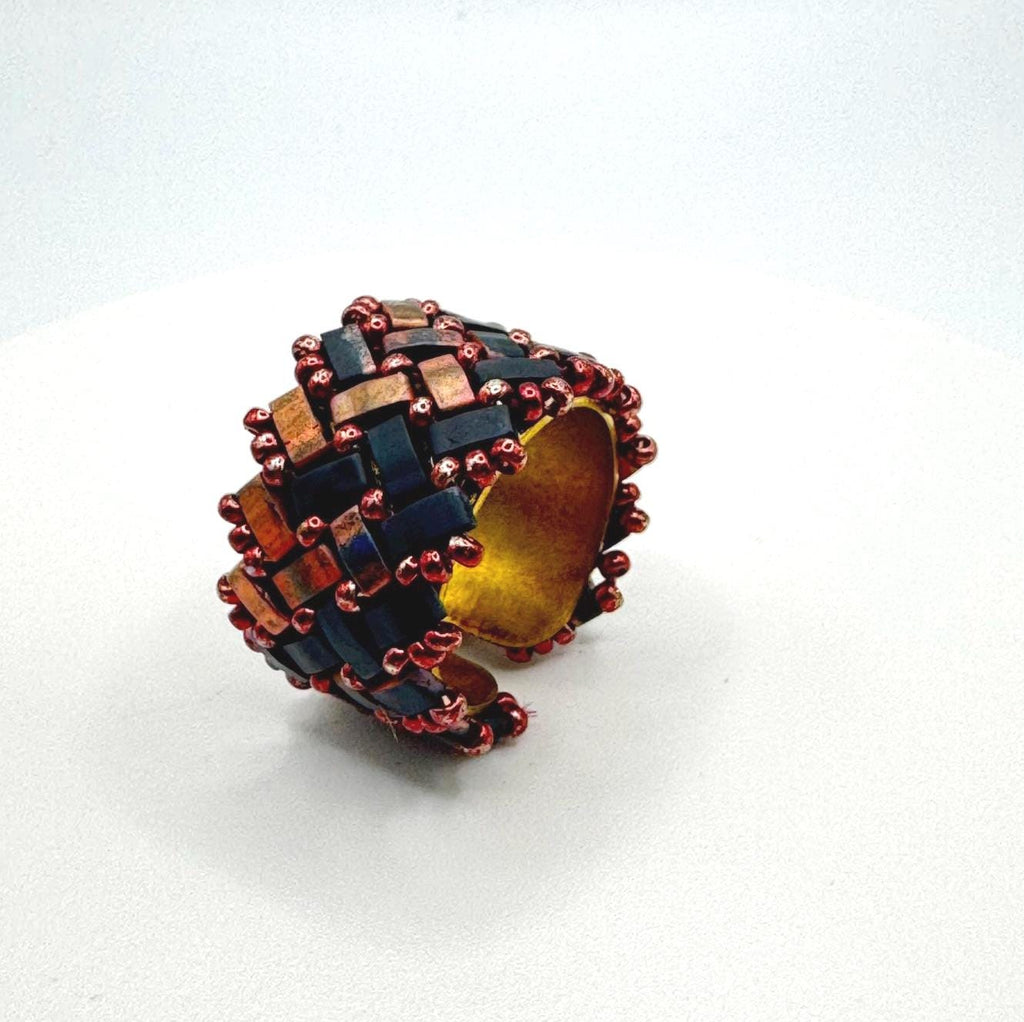 Copper and Black Glass Bead Ring, Adjustable Brass Statement Band, 15 mm Wide