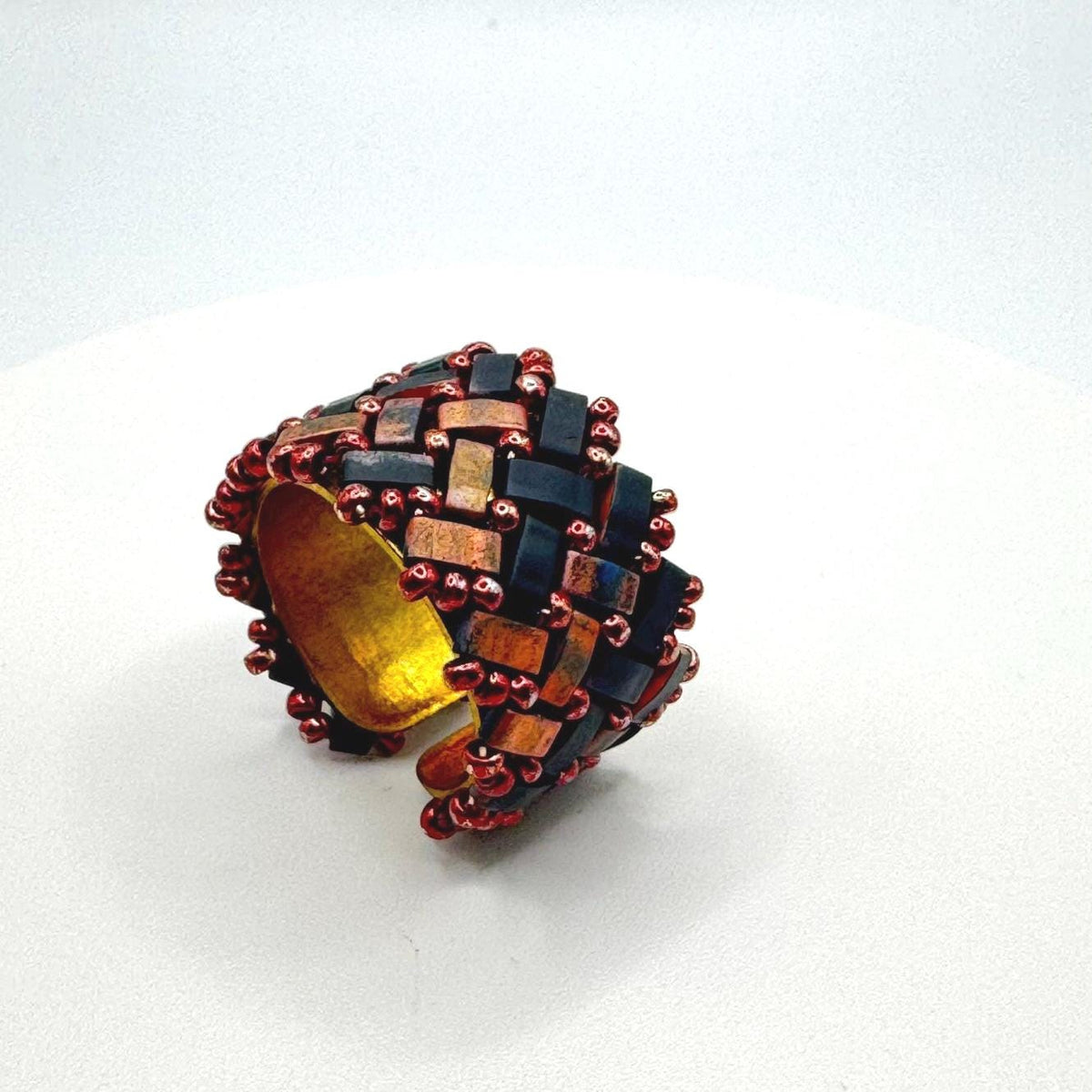 Copper and Black Glass Bead Ring, Adjustable Brass Statement Band, 15 mm Wide