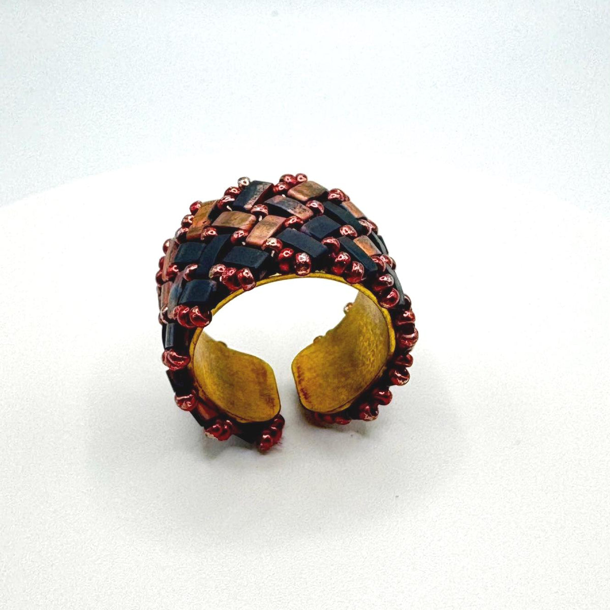 Copper and Black Glass Bead Ring, Adjustable Brass Statement Band, 15 mm Wide