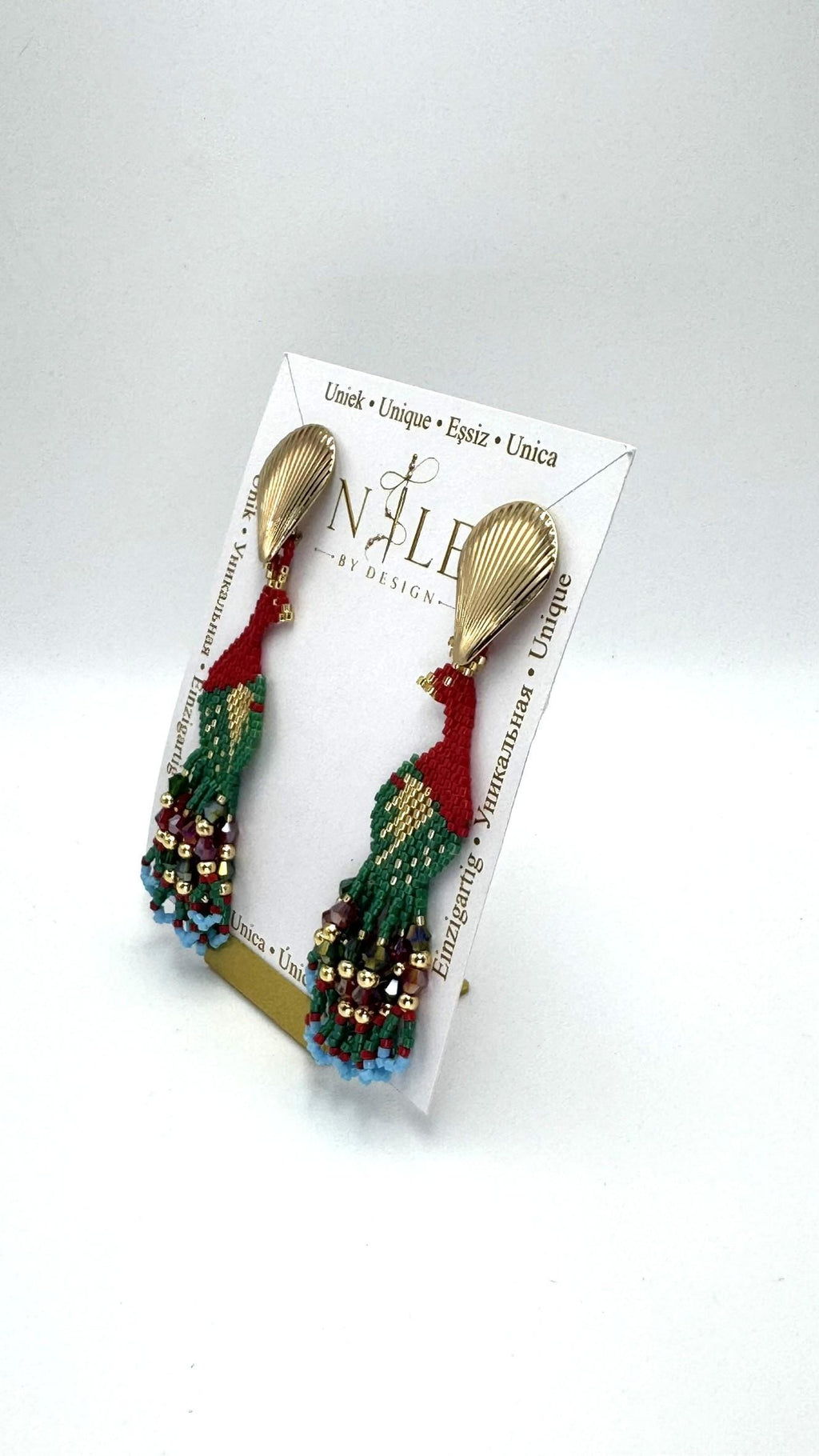 Red and Green Peacock Earrings, Glass Bead Fringe, Stainless Steel Posts, 3.54 inches