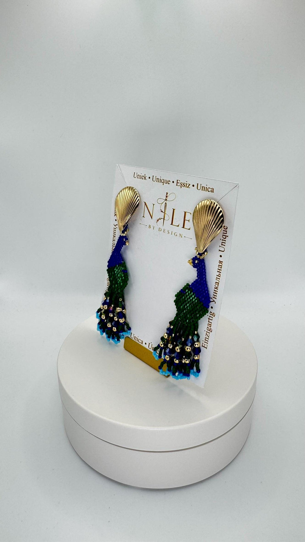 Blue and Green Peacock Earrings, Glass Bead Fringe, Stainless Steel Posts, 3.54 inches