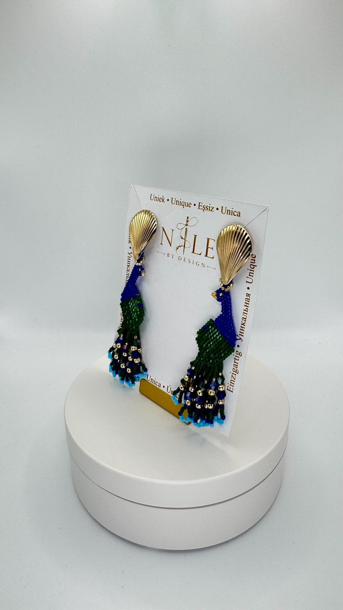 Blue and Green Peacock Earrings, Glass Bead Fringe, Stainless Steel Posts, 3.54 inches