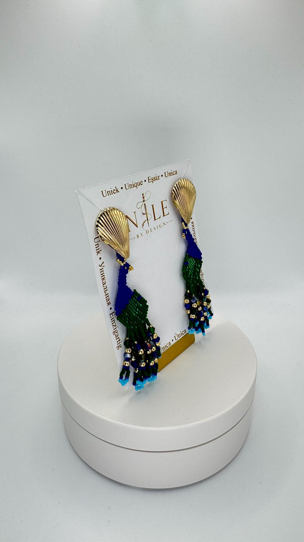 Blue and Green Peacock Earrings, Glass Bead Fringe, Stainless Steel Posts, 3.54 inches