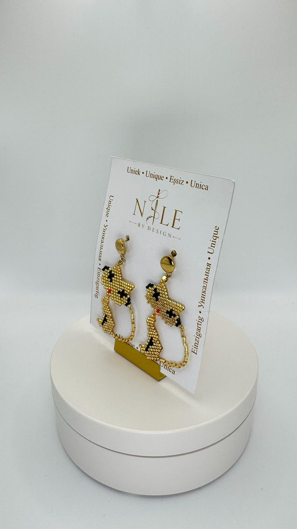 Gold Tone Cat Earrings, Glass Bead Dangle Earrings, 2.36 inches