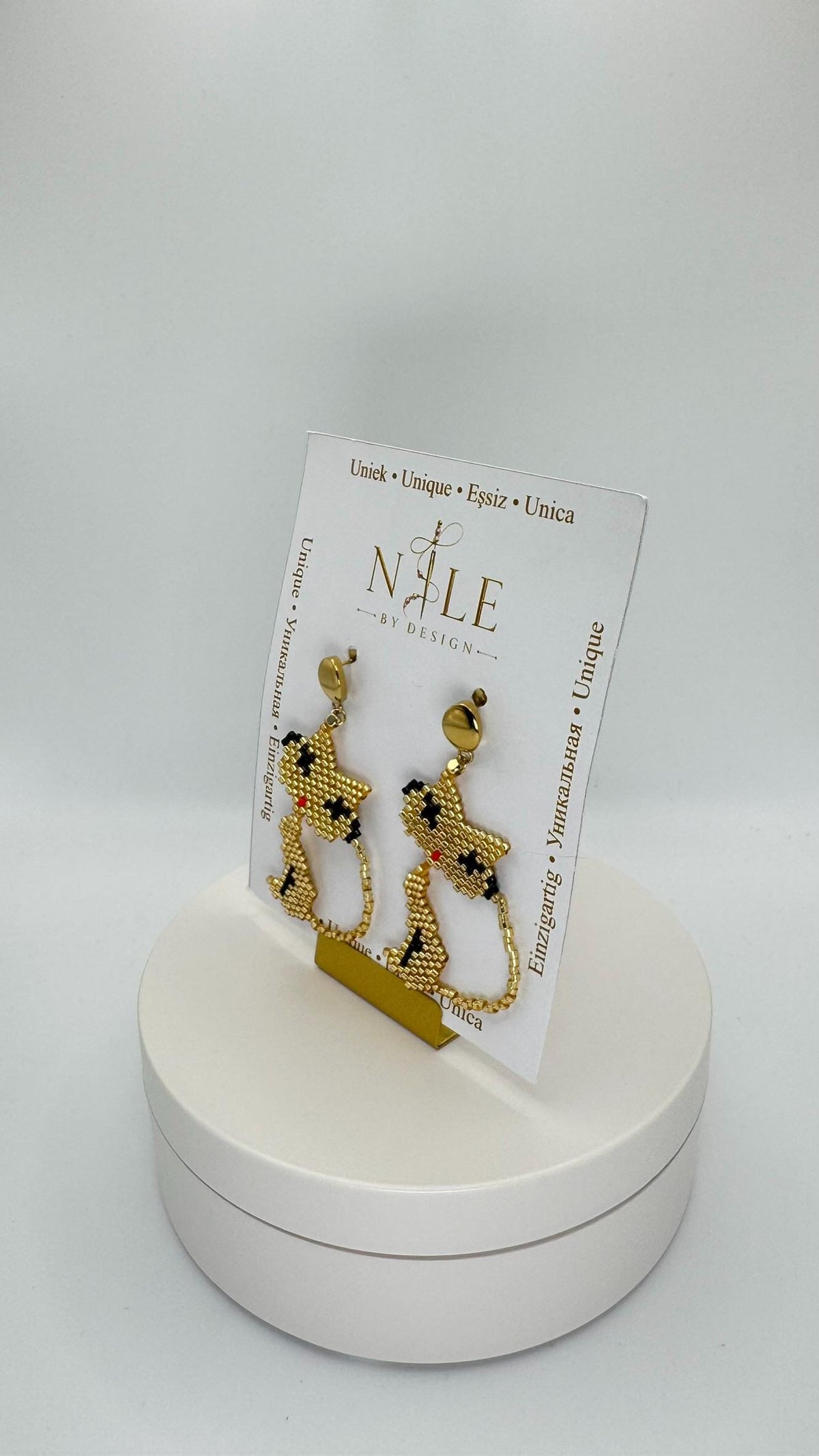 Gold Tone Cat Earrings, Glass Bead Dangle Earrings, 2.36 inches