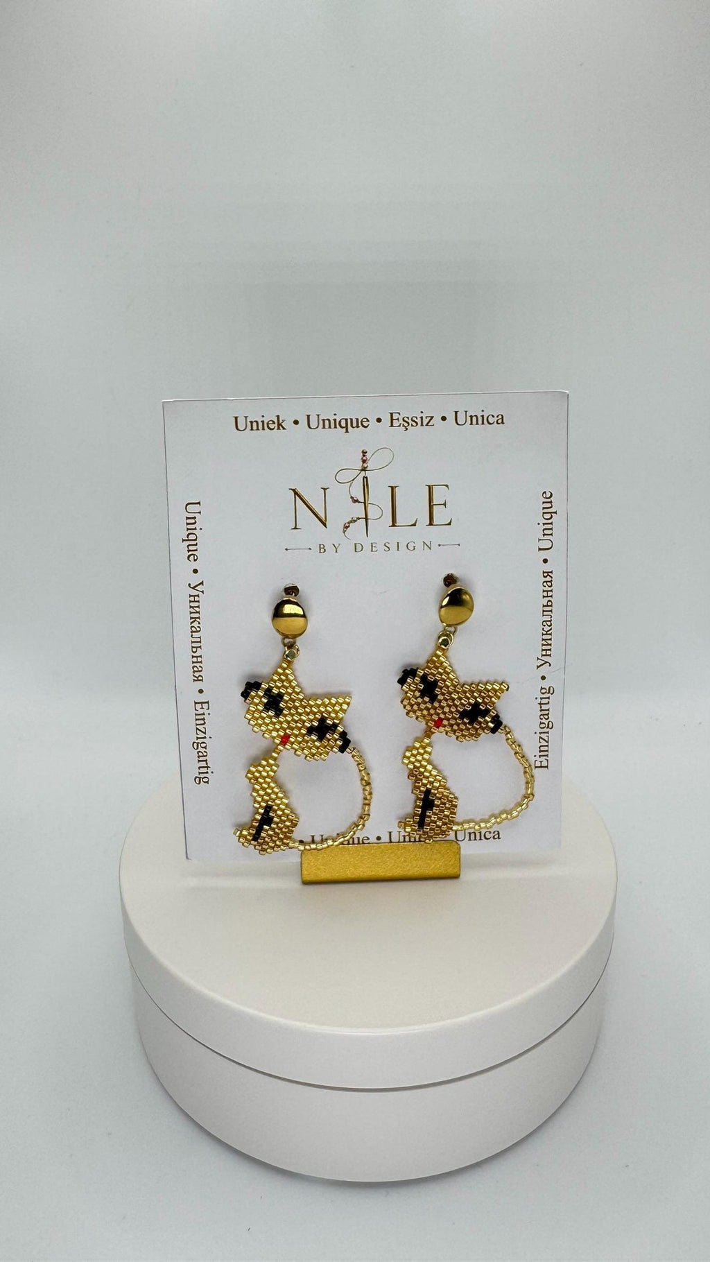Gold Tone Cat Earrings, Glass Bead Dangle Earrings, 2.36 inches