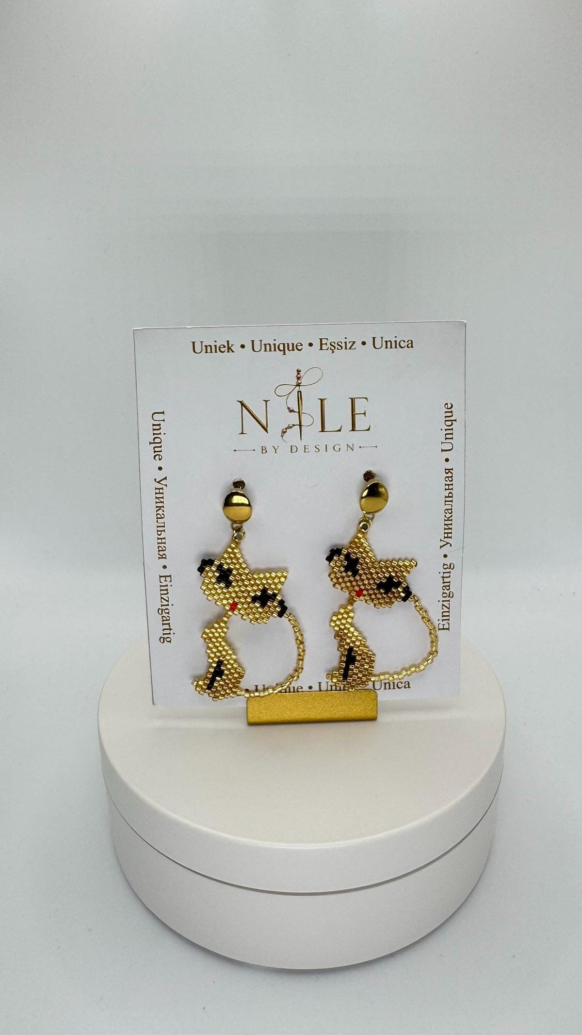 Gold Tone Cat Earrings, Glass Bead Dangle Earrings, 2.36 inches