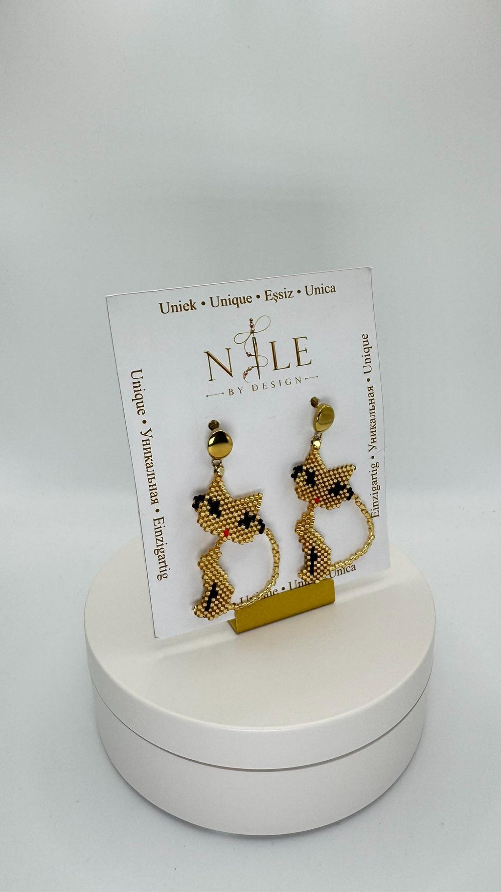 Gold Tone Cat Earrings, Glass Bead Dangle Earrings, 2.36 inches