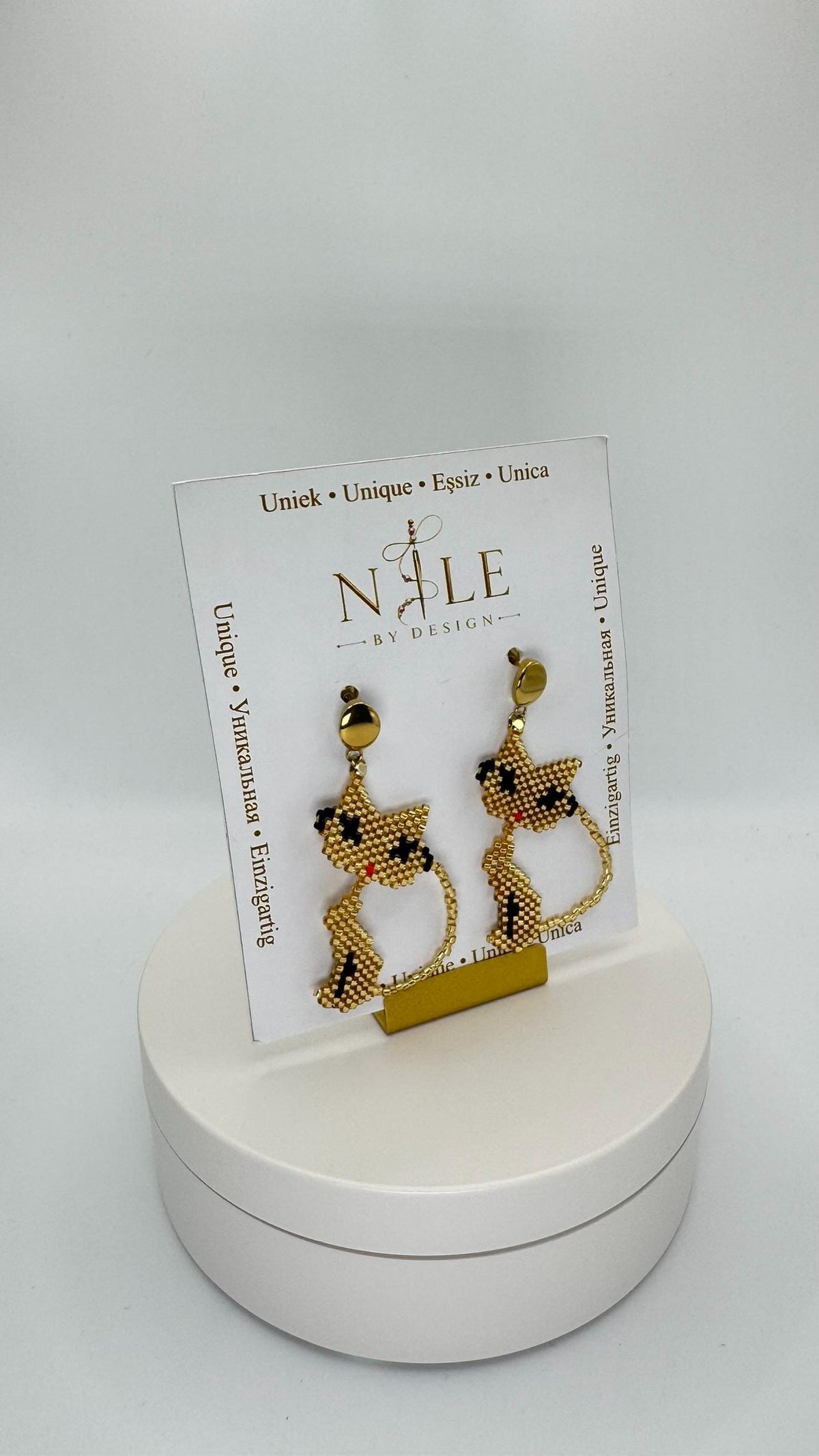 Gold Tone Cat Earrings, Glass Bead Dangle Earrings, 2.36 inches