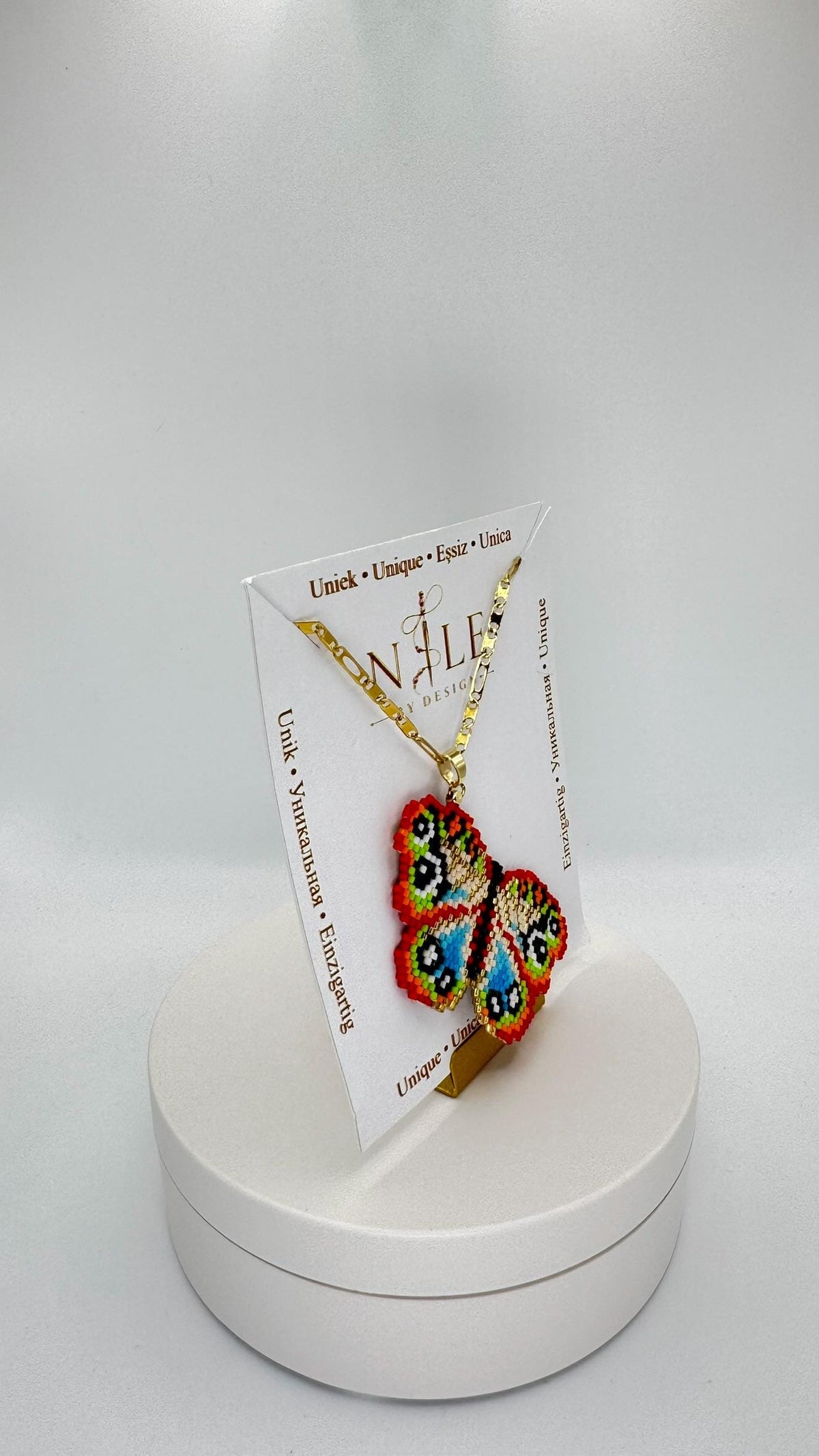 Colorful Beaded Butterfly Necklace, Orange and Blue Pendant, Stainless Steel Chain