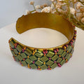 Olive Green Glass Bead Cuff Bracelet, Adjustable Brass, 2 cm Wide