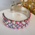 Silver and Pink Glass Bead Cuff Bracelet, Adjustable Stainless Steel, 2 cm Wide