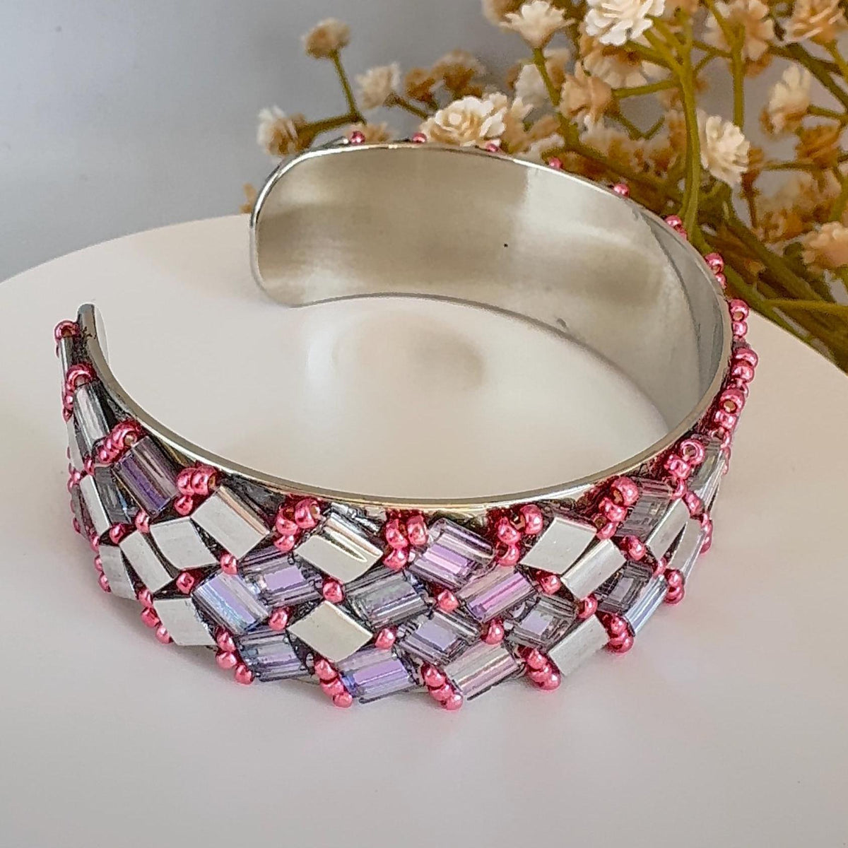 Silver and Pink Glass Bead Cuff Bracelet, Adjustable Stainless Steel, 2 cm Wide